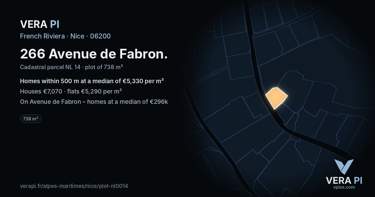266 Avenue de Fabron, Nice at night – the plot lit, the parcels around coloured by the prices near them