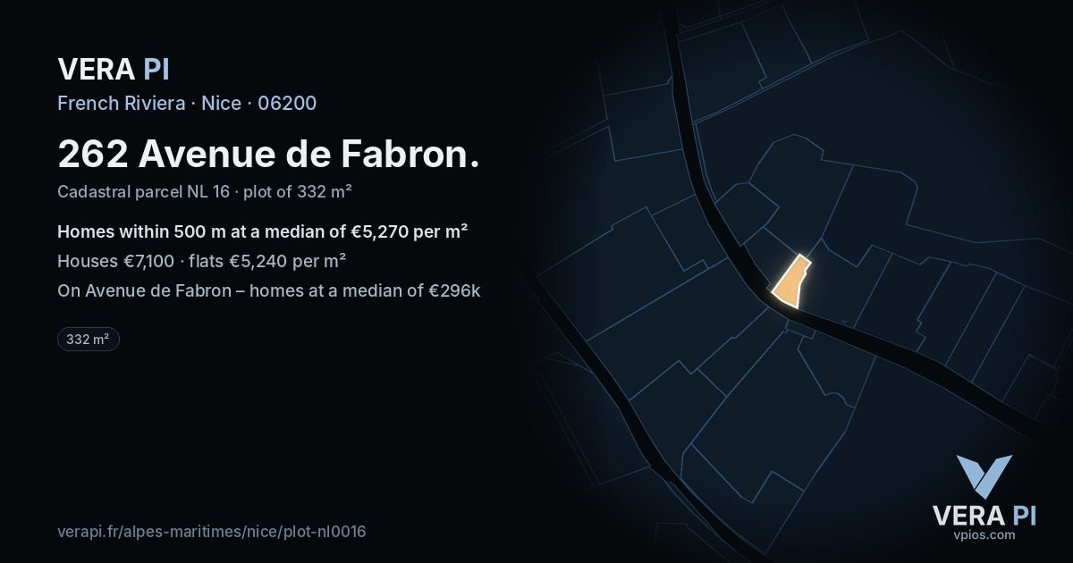 262 Avenue de Fabron, Nice at night – the plot lit, the parcels around coloured by the prices near them