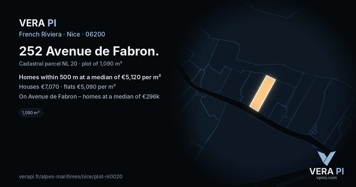 252 Avenue de Fabron, Nice at night – the plot lit, the parcels around coloured by the prices near them