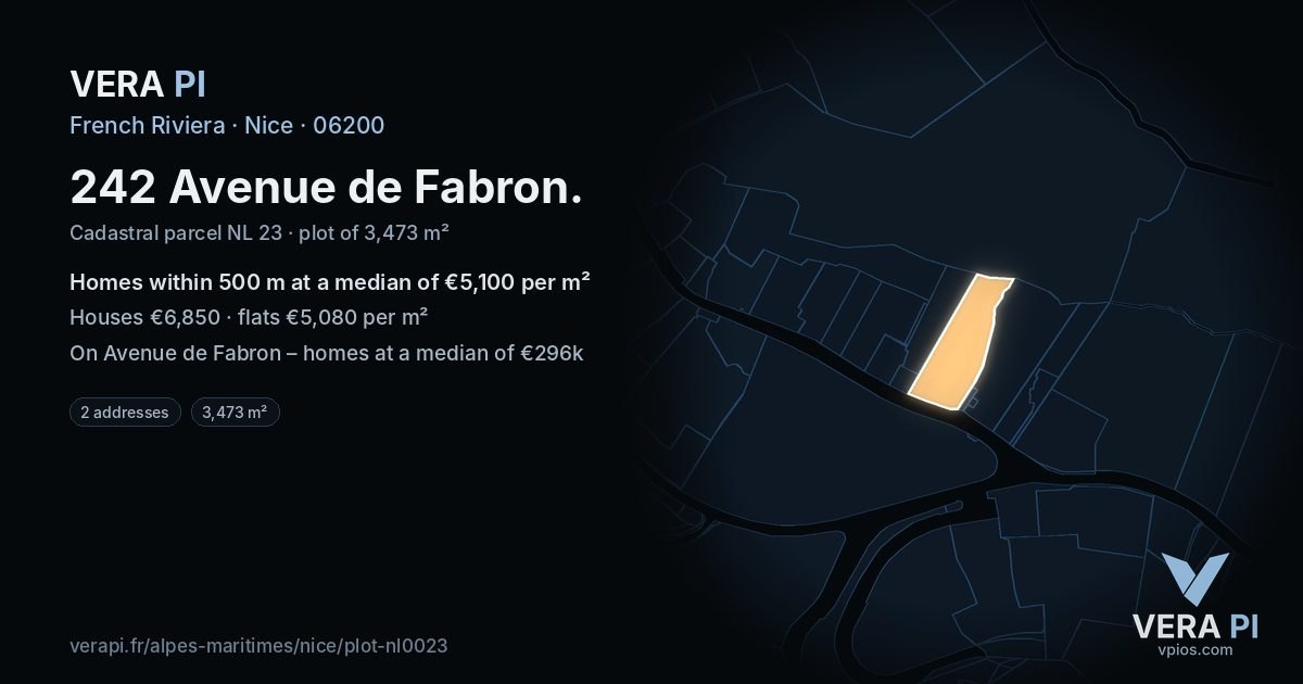 242 Avenue de Fabron, Nice at night – the plot lit, the parcels around coloured by the prices near them