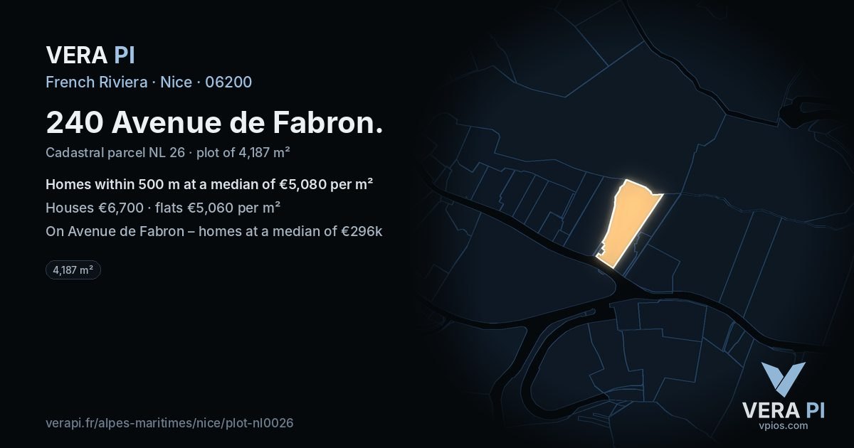 240 Avenue de Fabron, Nice at night – the plot lit, the parcels around coloured by the prices near them