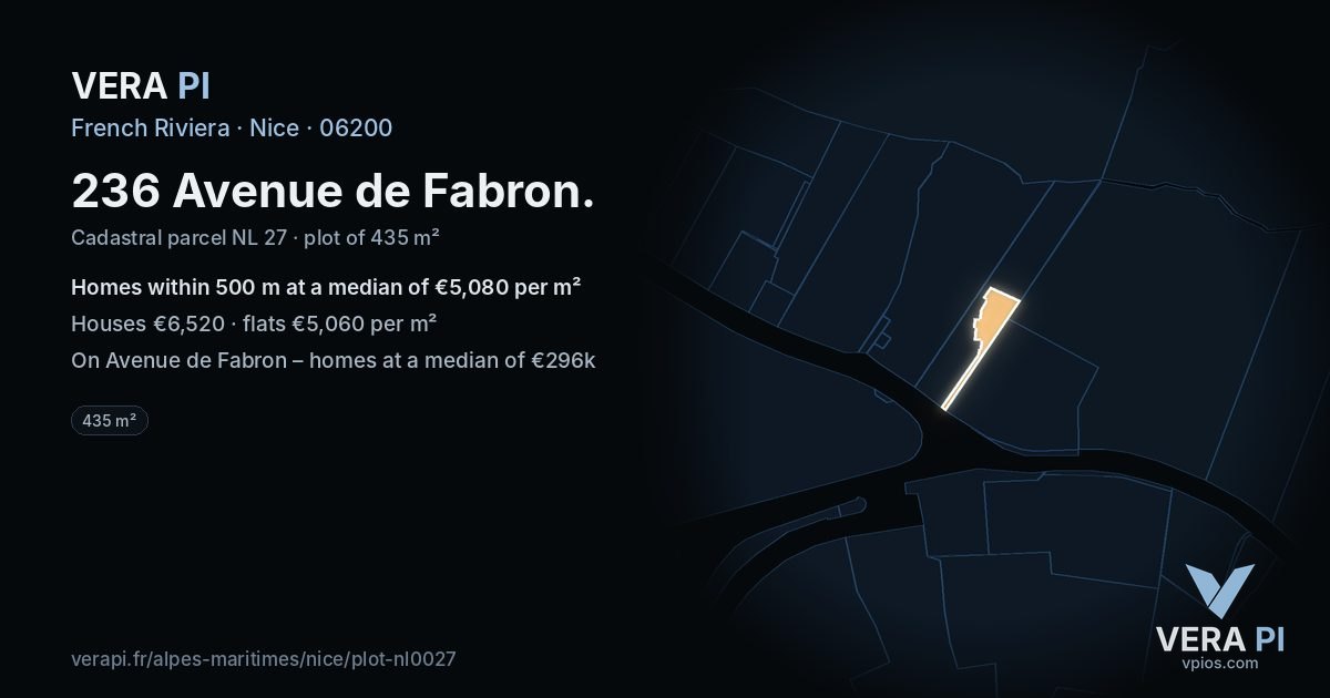 236 Avenue de Fabron, Nice at night – the plot lit, the parcels around coloured by the prices near them