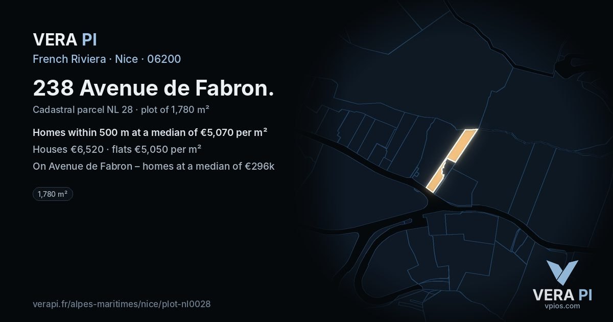 238 Avenue de Fabron, Nice at night – the plot lit, the parcels around coloured by the prices near them