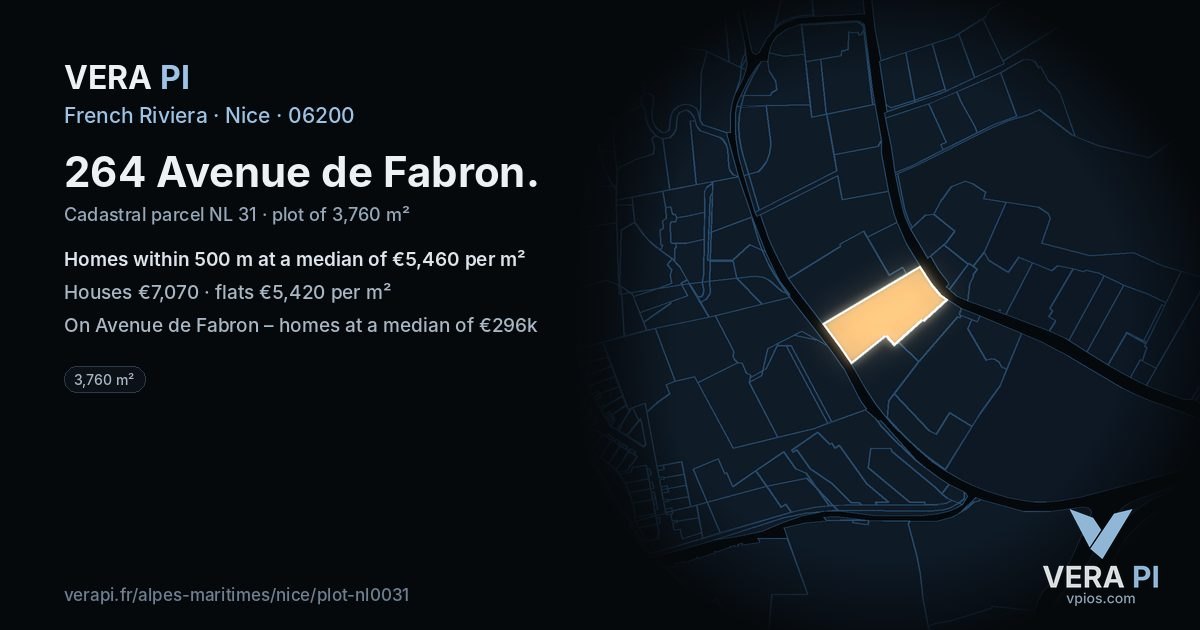 264 Avenue de Fabron, Nice at night – the plot lit, the parcels around coloured by the prices near them