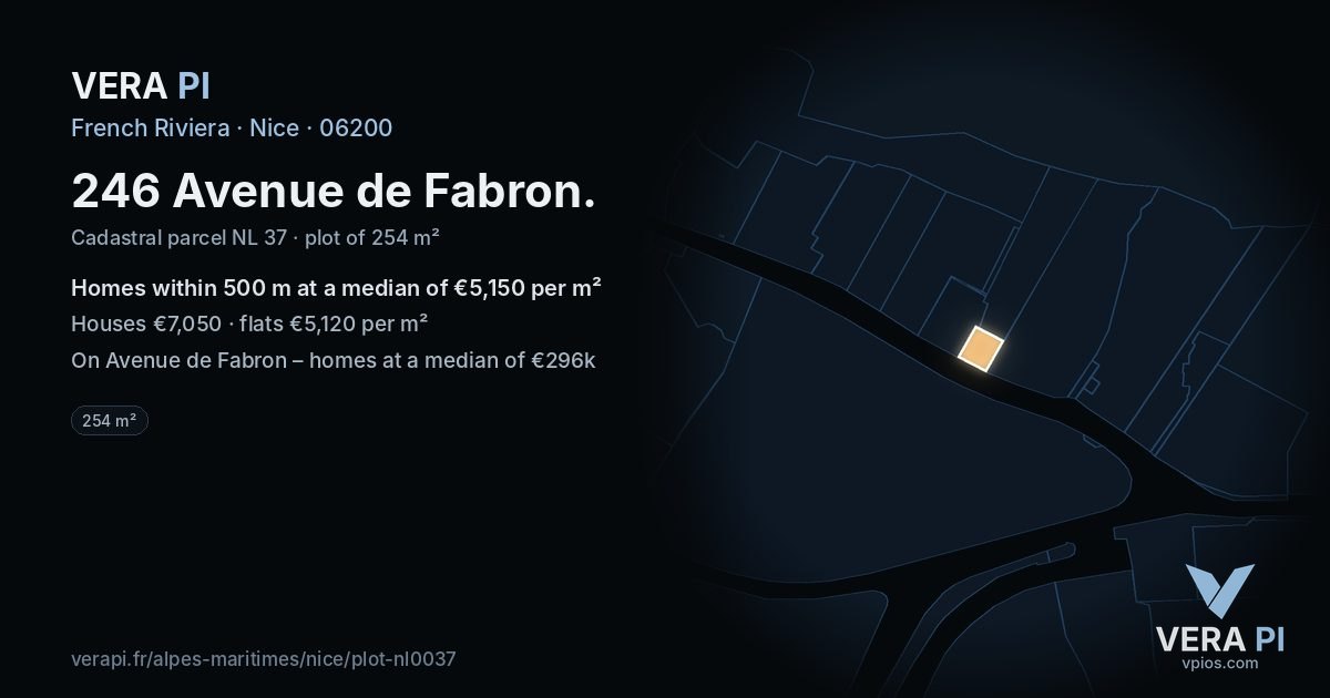 246 Avenue de Fabron, Nice at night – the plot lit, the parcels around coloured by the prices near them