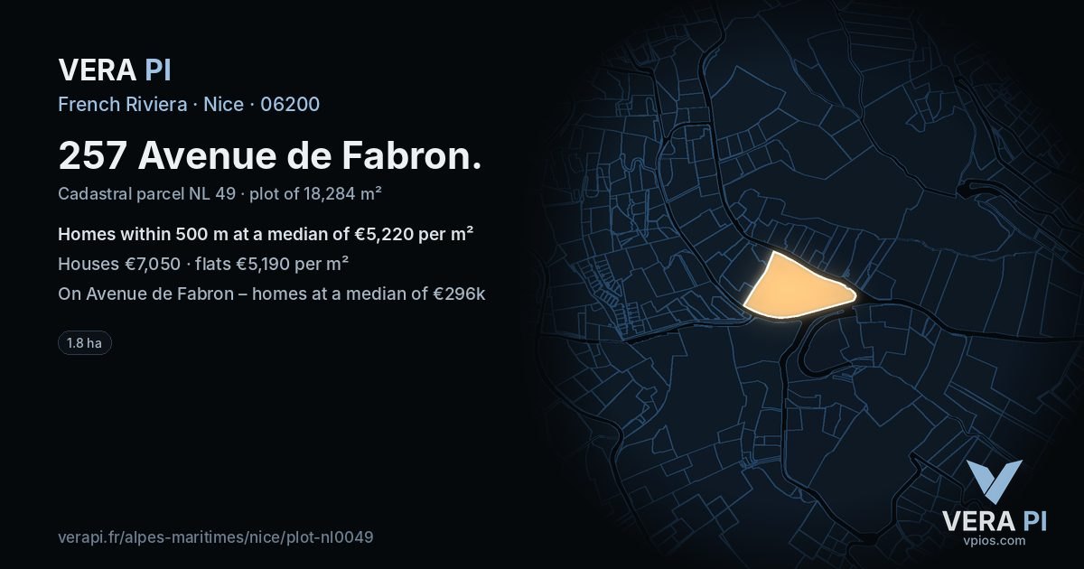 257 Avenue de Fabron, Nice at night – the plot lit, the parcels around coloured by the prices near them