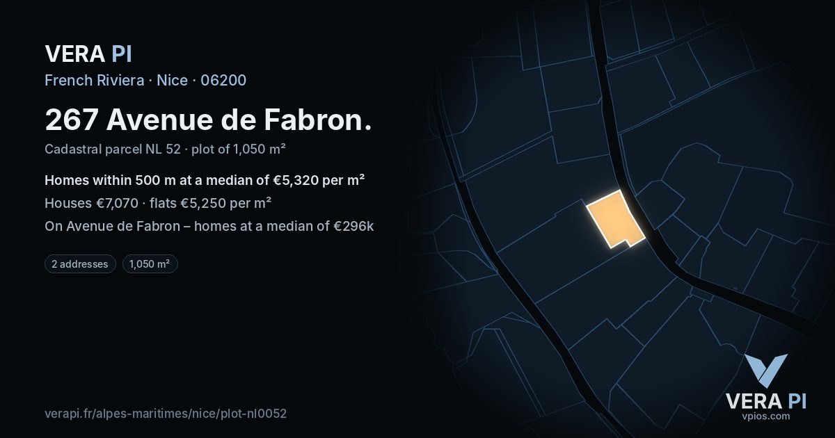 267 Avenue de Fabron, Nice at night – the plot lit, the parcels around coloured by the prices near them