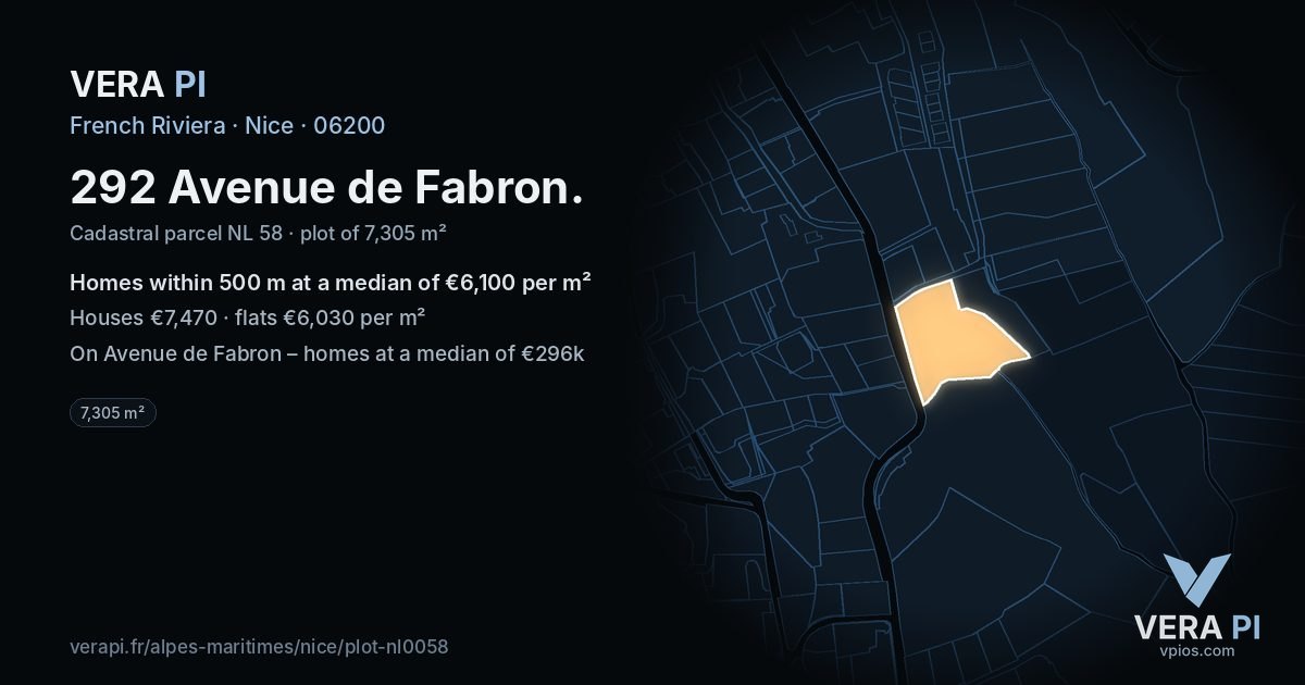 292 Avenue de Fabron, Nice at night – the plot lit, the parcels around coloured by the prices near them