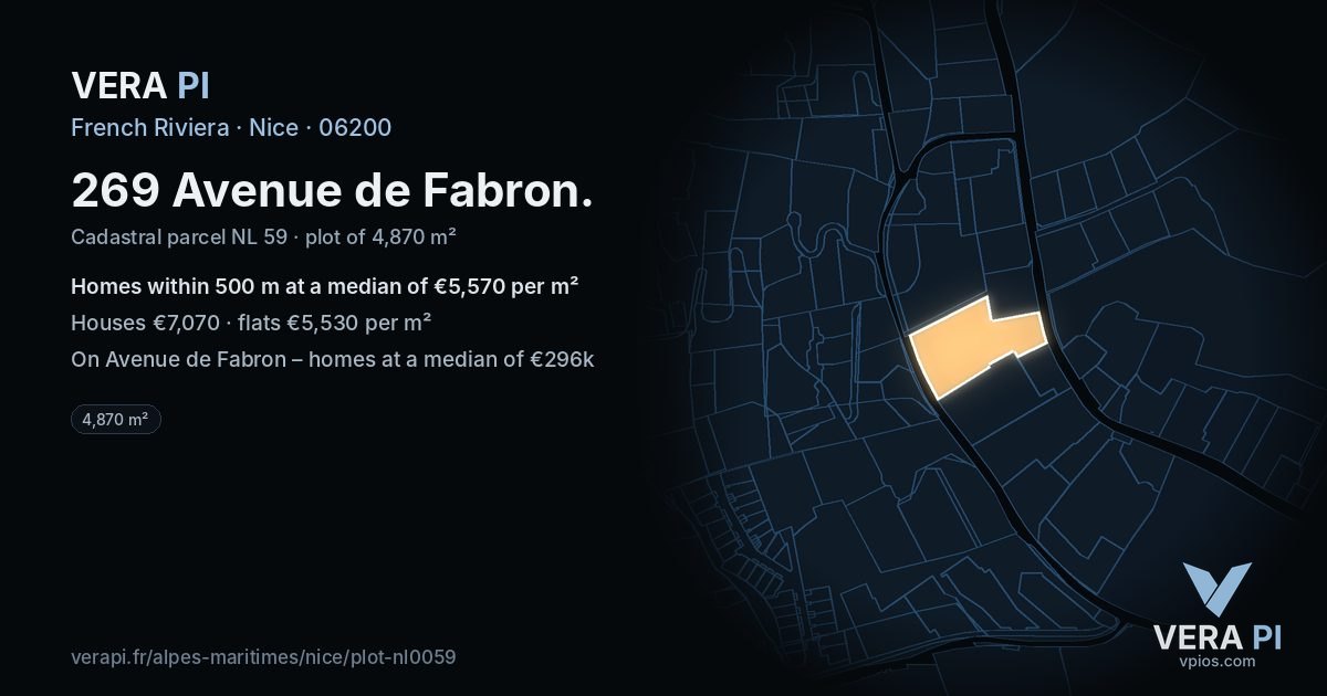 269 Avenue de Fabron, Nice at night – the plot lit, the parcels around coloured by the prices near them