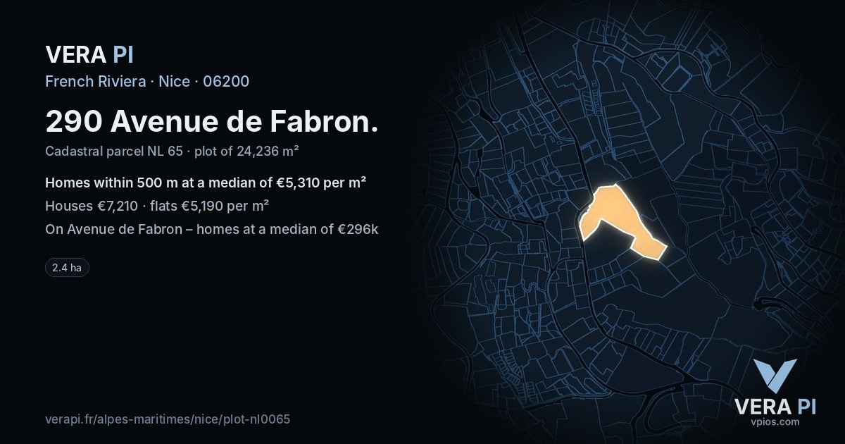290 Avenue de Fabron, Nice at night – the plot lit, the parcels around coloured by the prices near them