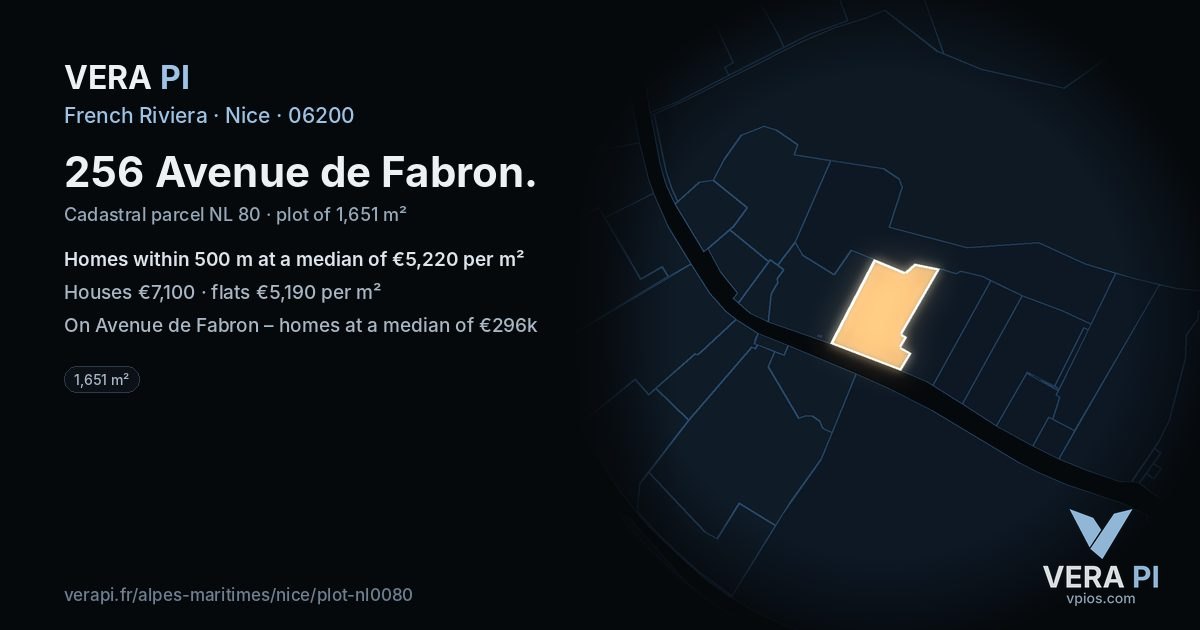 256 Avenue de Fabron, Nice at night – the plot lit, the parcels around coloured by the prices near them