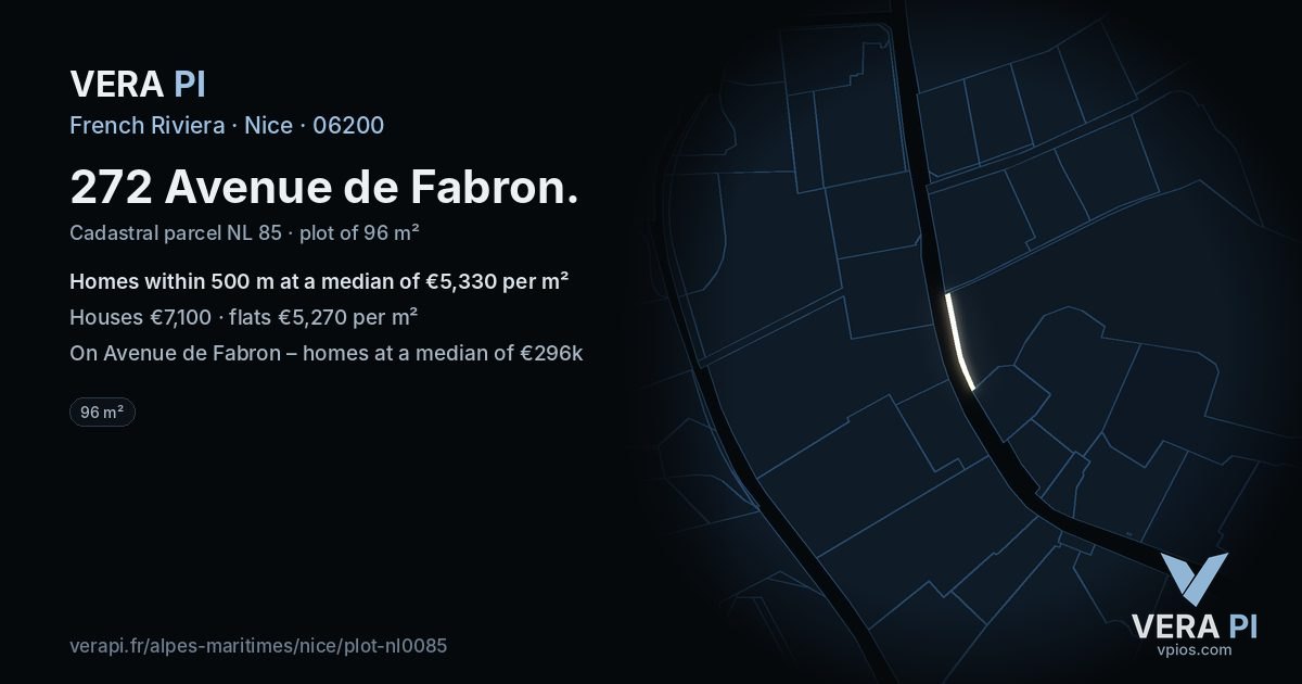 272 Avenue de Fabron, Nice at night – the plot lit, the parcels around coloured by the prices near them