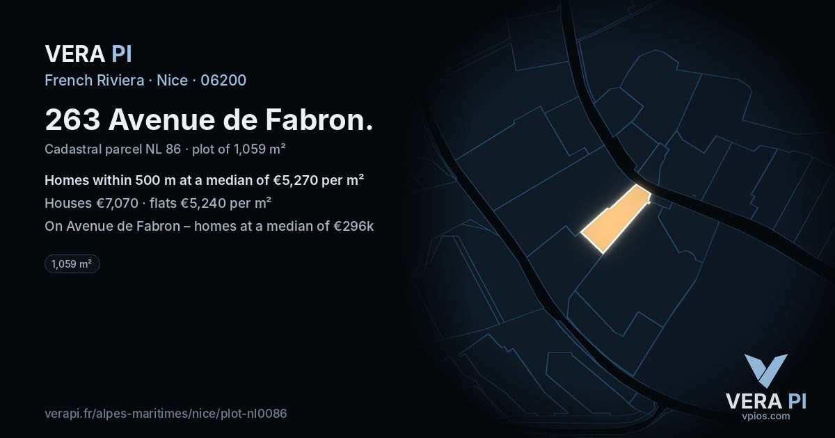 263 Avenue de Fabron, Nice at night – the plot lit, the parcels around coloured by the prices near them