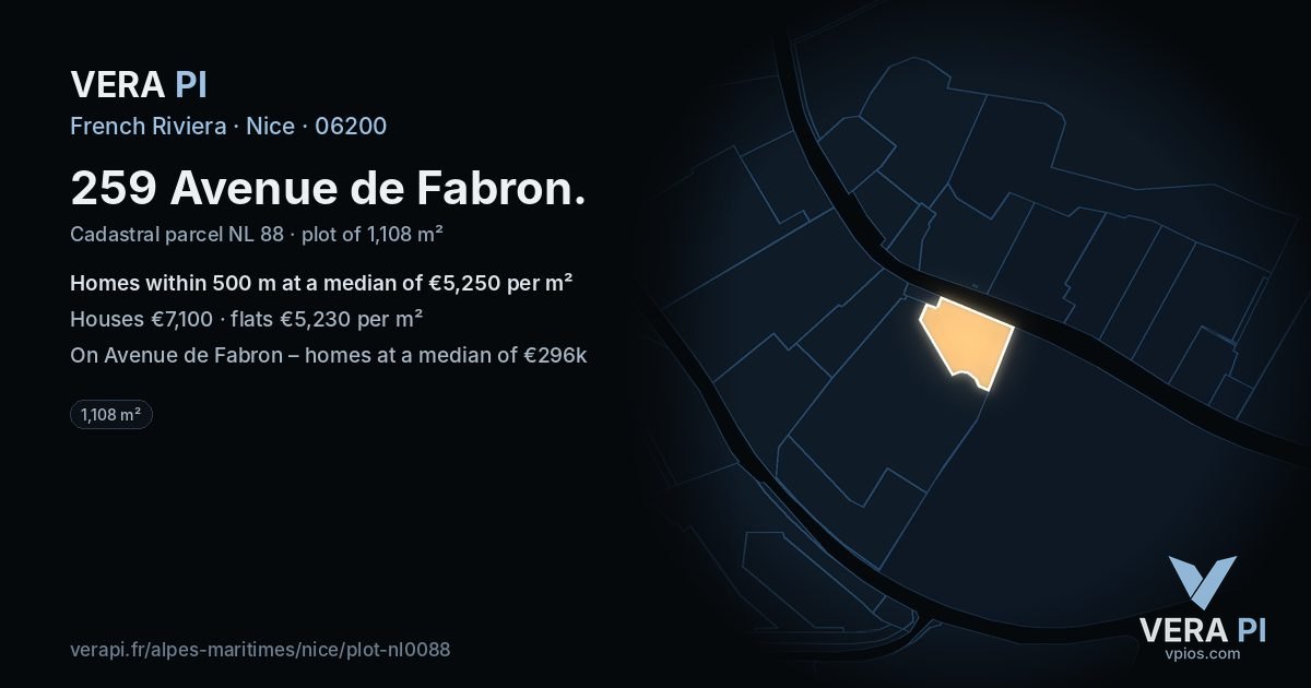 259 Avenue de Fabron, Nice at night – the plot lit, the parcels around coloured by the prices near them