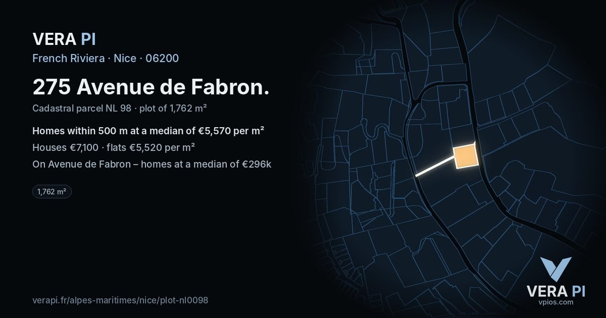 275 Avenue de Fabron, Nice at night – the plot lit, the parcels around coloured by the prices near them