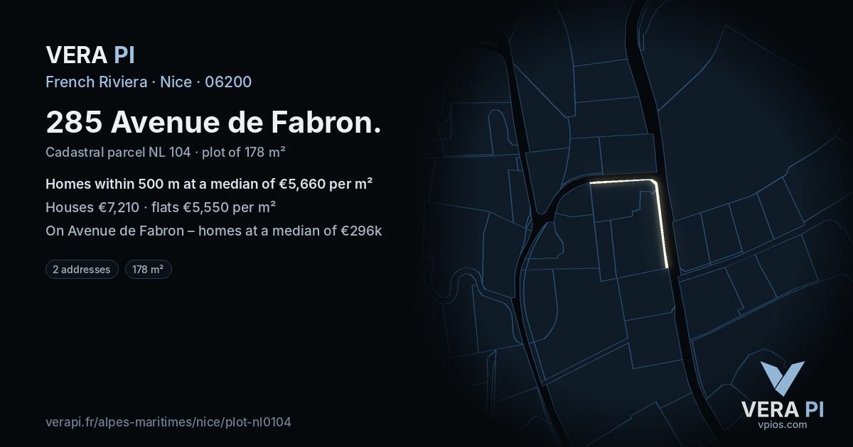 285 Avenue de Fabron, Nice at night – the plot lit, the parcels around coloured by the prices near them
