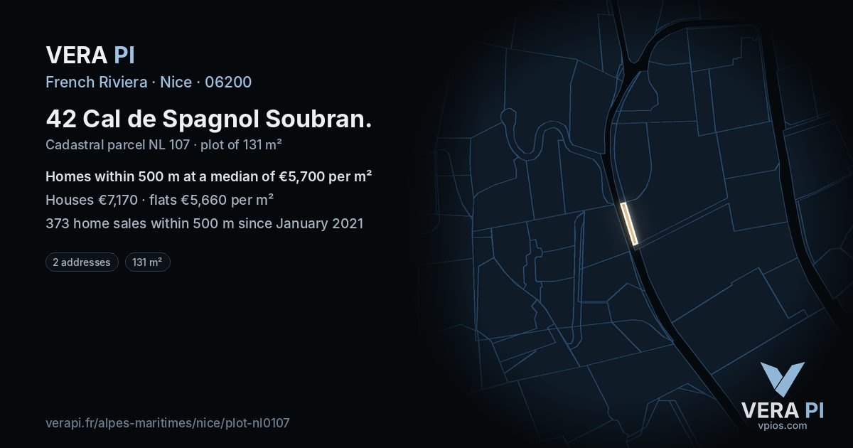 42 Cal de Spagnol Soubran, Nice at night – the plot lit, the parcels around coloured by the prices near them