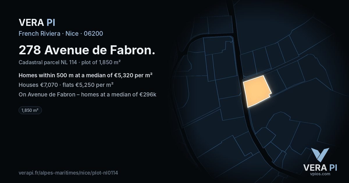 278 Avenue de Fabron, Nice at night – the plot lit, the parcels around coloured by the prices near them
