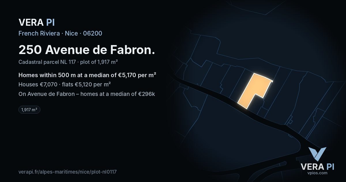 250 Avenue de Fabron, Nice at night – the plot lit, the parcels around coloured by the prices near them