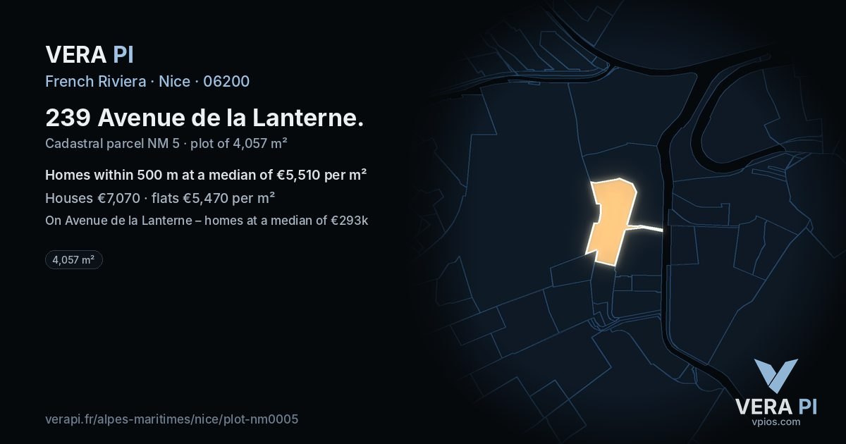239 Avenue de la Lanterne, Nice at night – the plot lit, the parcels around coloured by the prices near them
