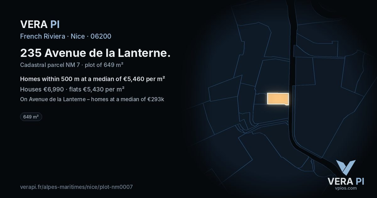 235 Avenue de la Lanterne, Nice at night – the plot lit, the parcels around coloured by the prices near them