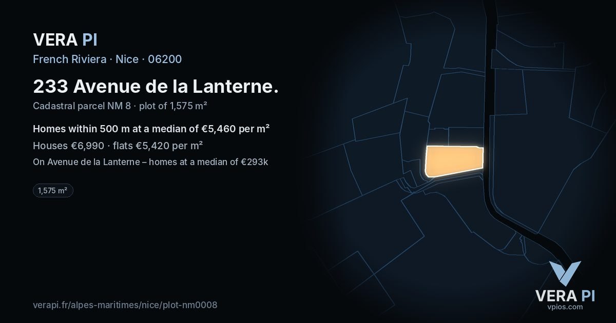 233 Avenue de la Lanterne, Nice at night – the plot lit, the parcels around coloured by the prices near them