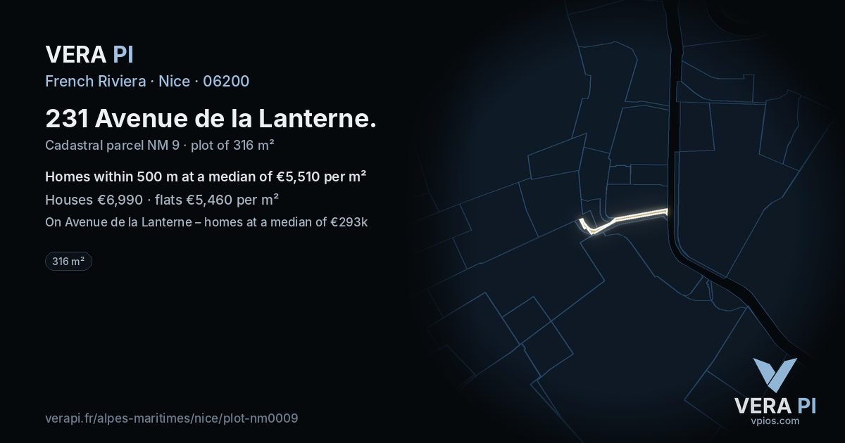 231 Avenue de la Lanterne, Nice at night – the plot lit, the parcels around coloured by the prices near them