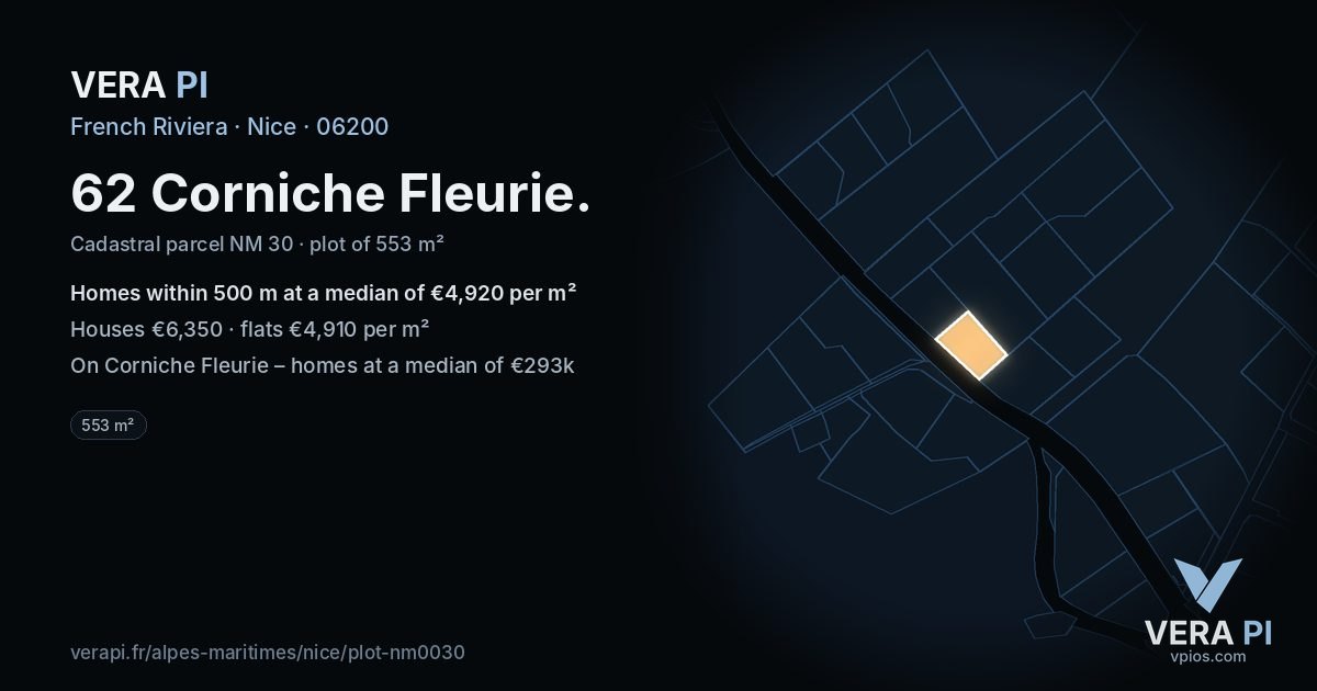 62 Corniche Fleurie, Nice at night – the plot lit, the parcels around coloured by the prices near them