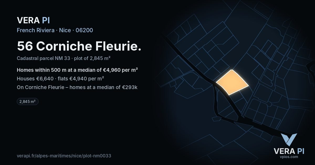 56 Corniche Fleurie, Nice at night – the plot lit, the parcels around coloured by the prices near them