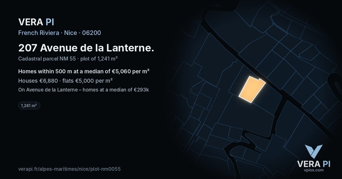 207 Avenue de la Lanterne, Nice at night – the plot lit, the parcels around coloured by the prices near them