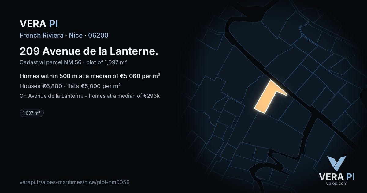 209 Avenue de la Lanterne, Nice at night – the plot lit, the parcels around coloured by the prices near them