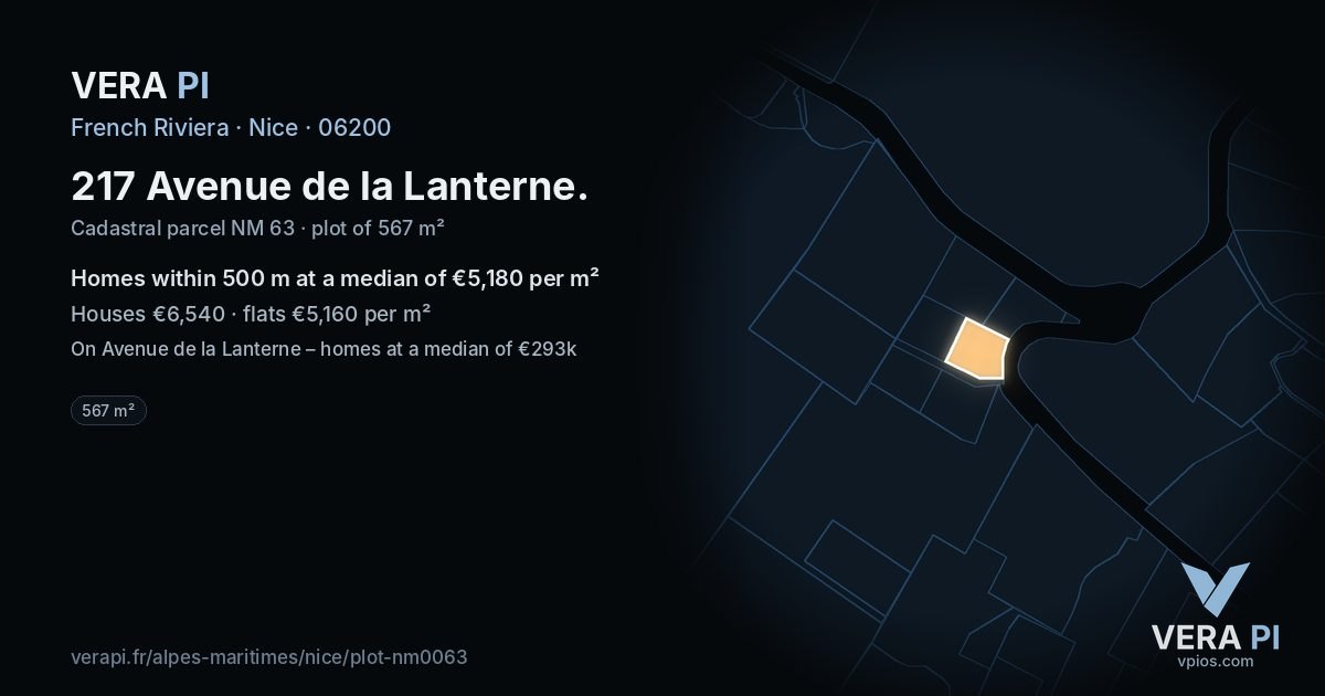 217 Avenue de la Lanterne, Nice at night – the plot lit, the parcels around coloured by the prices near them