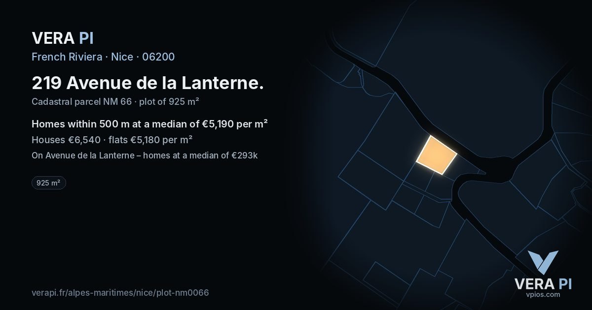 219 Avenue de la Lanterne, Nice at night – the plot lit, the parcels around coloured by the prices near them