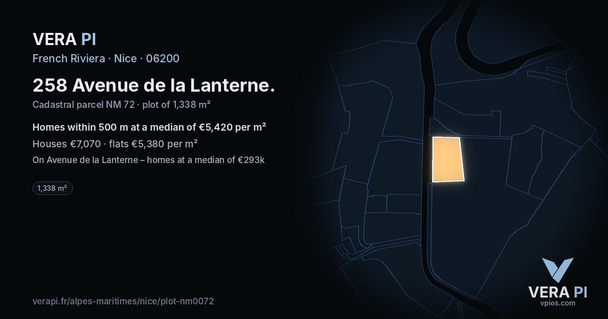 258 Avenue de la Lanterne, Nice at night – the plot lit, the parcels around coloured by the prices near them