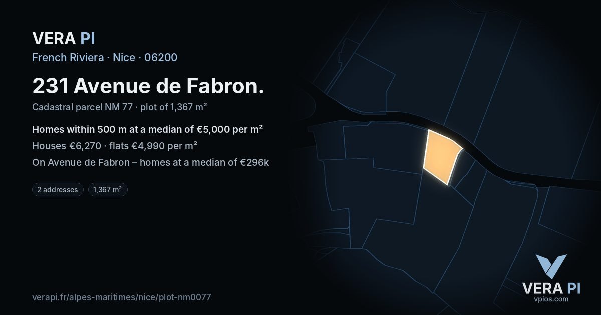 231 Avenue de Fabron, Nice at night – the plot lit, the parcels around coloured by the prices near them