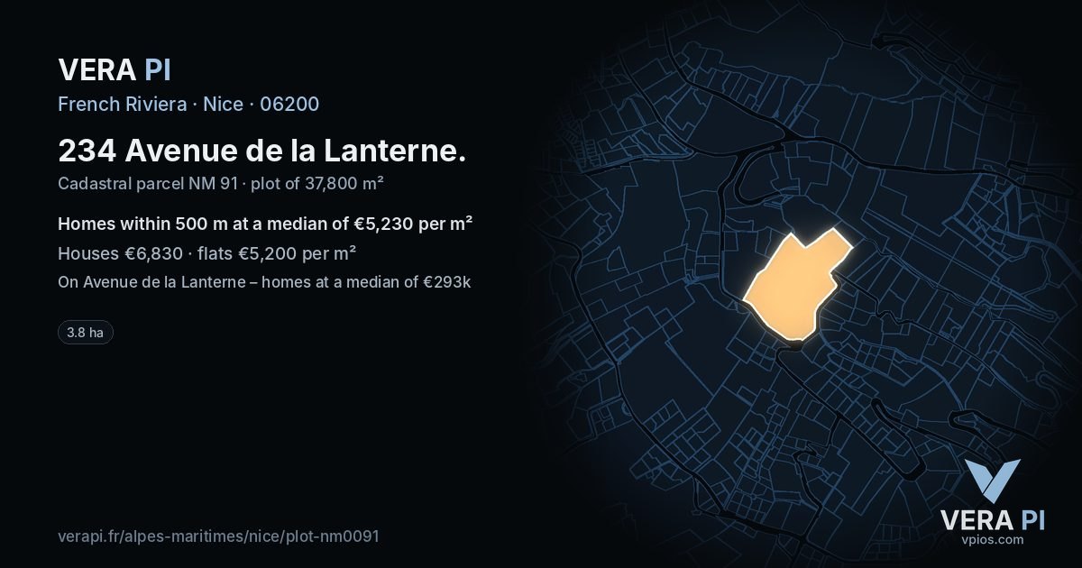 234 Avenue de la Lanterne, Nice at night – the plot lit, the parcels around coloured by the prices near them