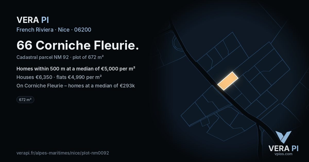 66 Corniche Fleurie, Nice at night – the plot lit, the parcels around coloured by the prices near them