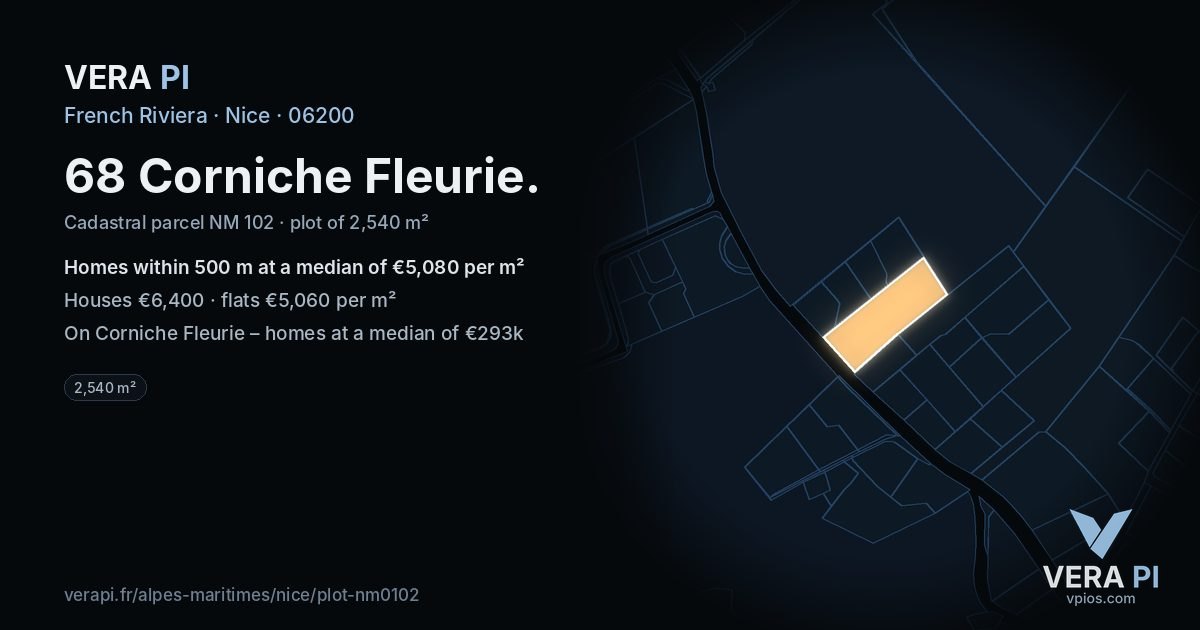 68 Corniche Fleurie, Nice at night – the plot lit, the parcels around coloured by the prices near them