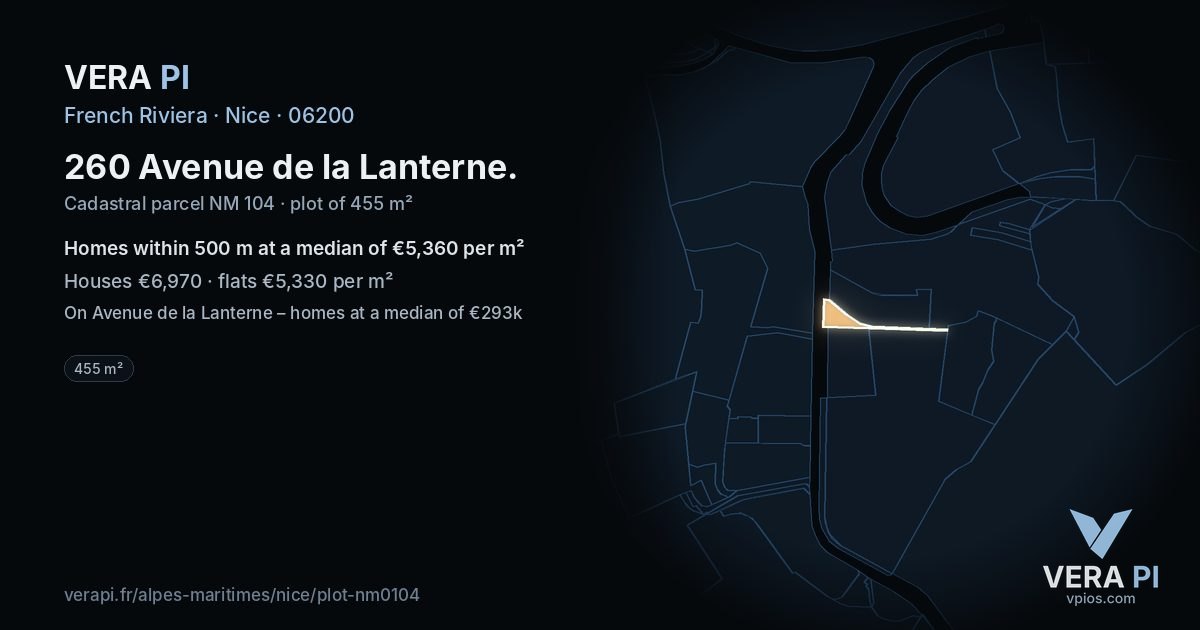 260 Avenue de la Lanterne, Nice at night – the plot lit, the parcels around coloured by the prices near them