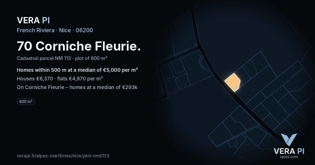 70 Corniche Fleurie, Nice at night – the plot lit, the parcels around coloured by the prices near them