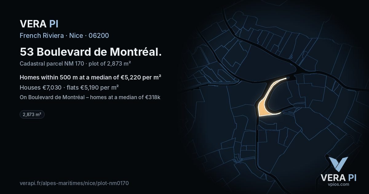 53 Boulevard de Montréal, Nice at night – the plot lit, the parcels around coloured by the prices near them