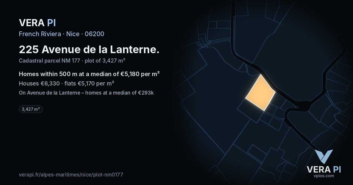 225 Avenue de la Lanterne, Nice at night – the plot lit, the parcels around coloured by the prices near them