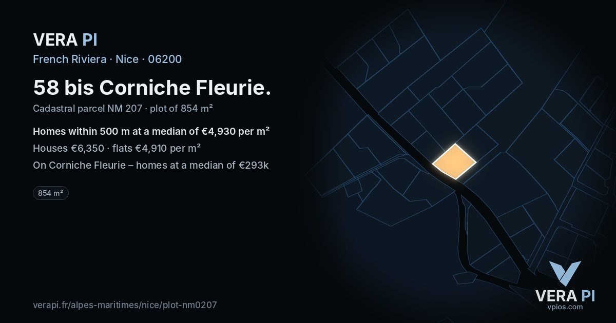 58 bis Corniche Fleurie, Nice at night – the plot lit, the parcels around coloured by the prices near them