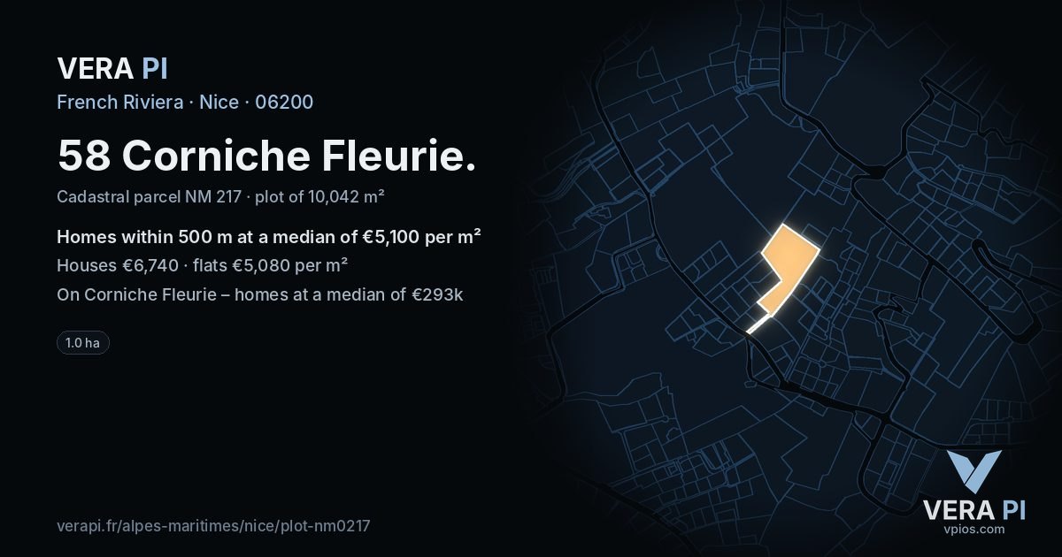 58 Corniche Fleurie, Nice at night – the plot lit, the parcels around coloured by the prices near them