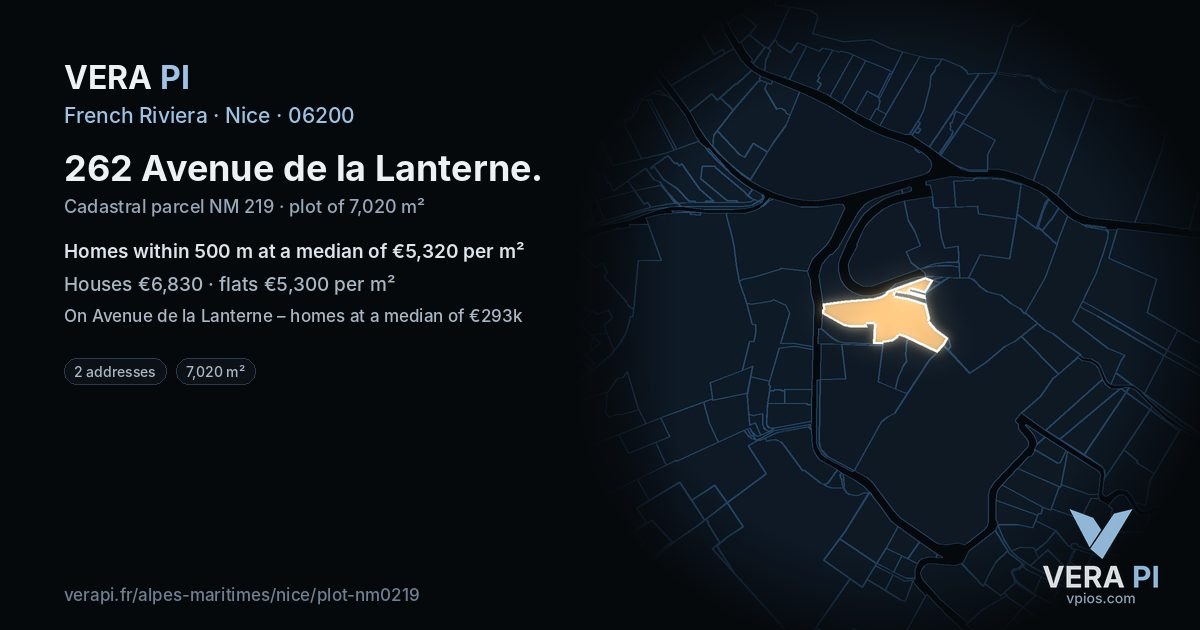 262 Avenue de la Lanterne, Nice at night – the plot lit, the parcels around coloured by the prices near them