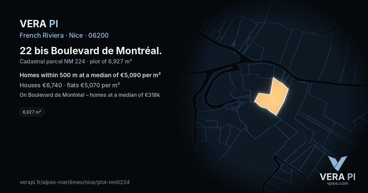 22 bis Boulevard de Montréal, Nice at night – the plot lit, the parcels around coloured by the prices near them