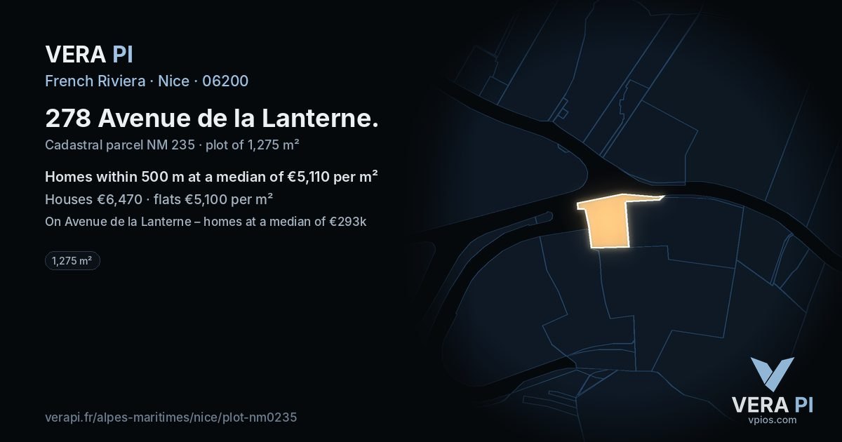 278 Avenue de la Lanterne, Nice at night – the plot lit, the parcels around coloured by the prices near them