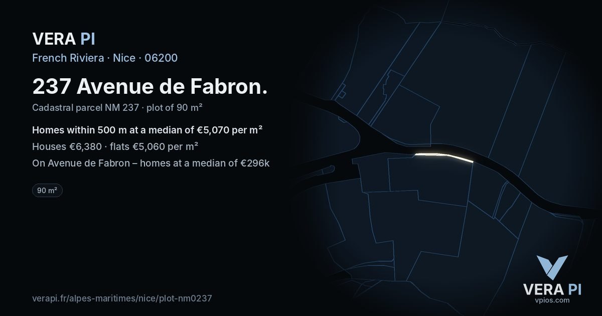 237 Avenue de Fabron, Nice at night – the plot lit, the parcels around coloured by the prices near them