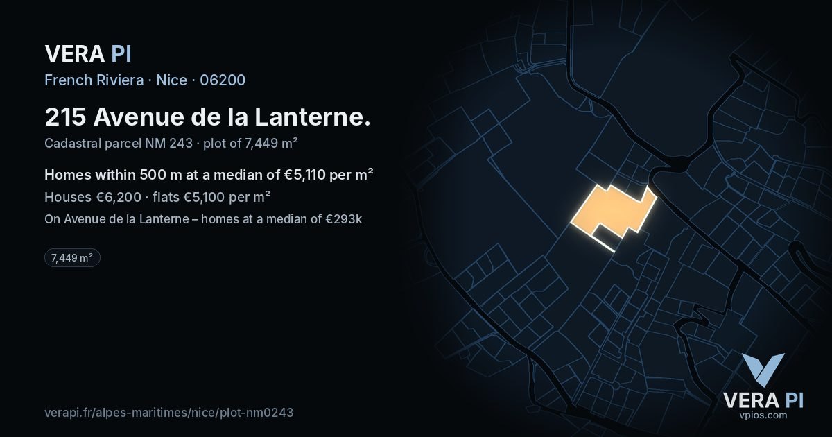 215 Avenue de la Lanterne, Nice at night – the plot lit, the parcels around coloured by the prices near them