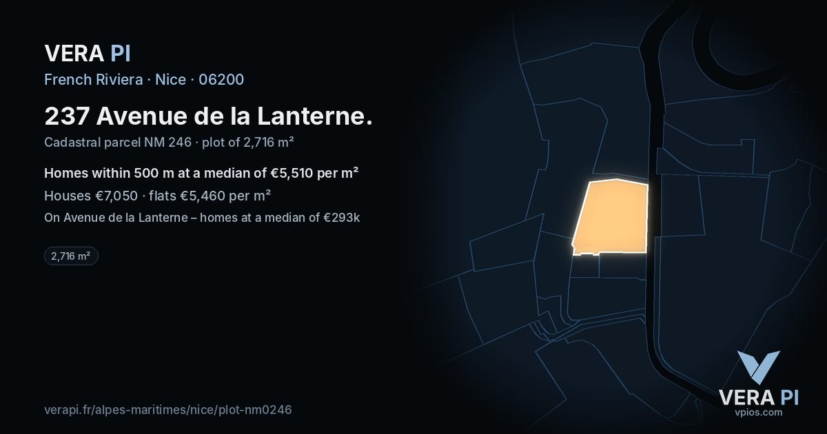 237 Avenue de la Lanterne, Nice at night – the plot lit, the parcels around coloured by the prices near them